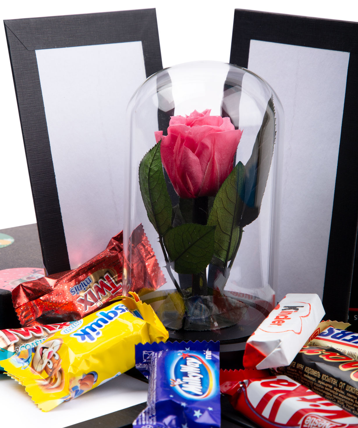 Роза `EM Flowers` вечная, с коробкой-сюрпризом и конфетами 13 см