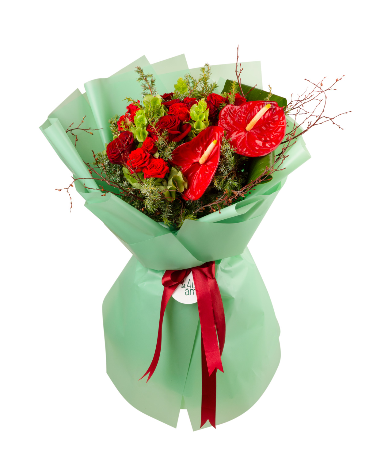 Bouquet `Kripan` with roses and anthuriums