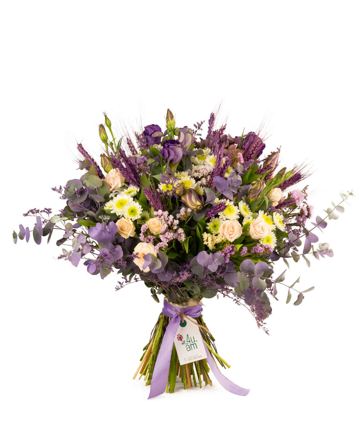 Bouquet `Banff` with roses, lisianthus and chrysanthemums