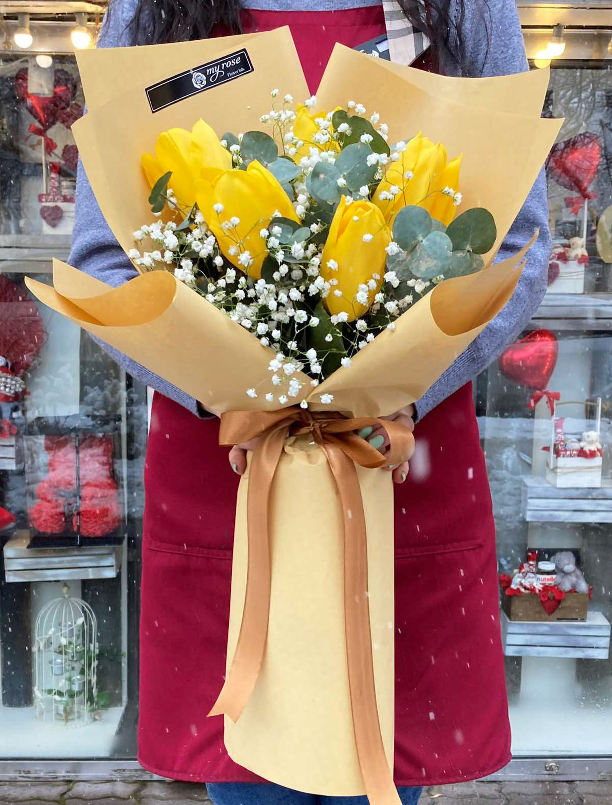 Bouquet `Dubno` with tulips and gypsophila