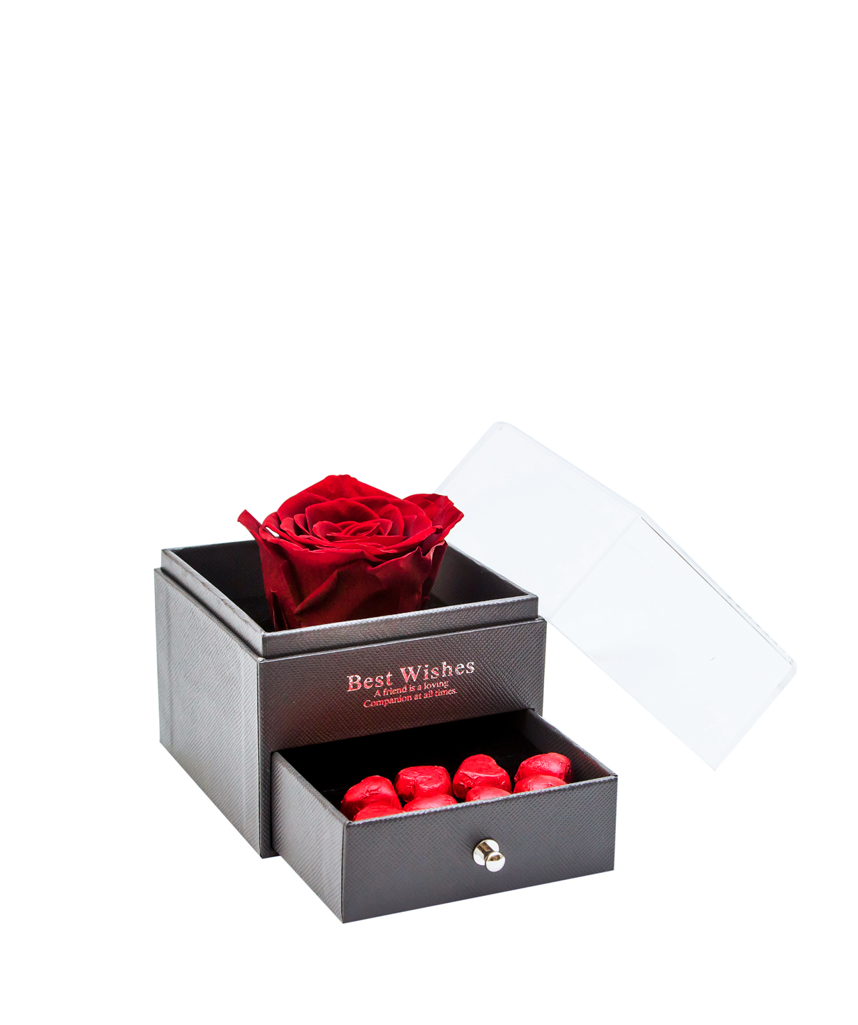 Վարդ «EM Flowers» կարմիր, հավերժական, կոնֆետներով