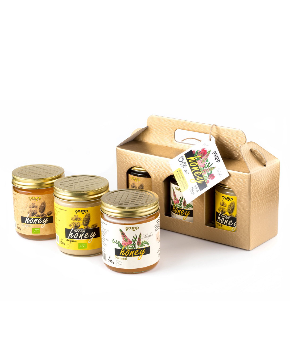 Հավաքածու «Pamp Honey» մեղրների, ստվարաթղթե պայուսակով