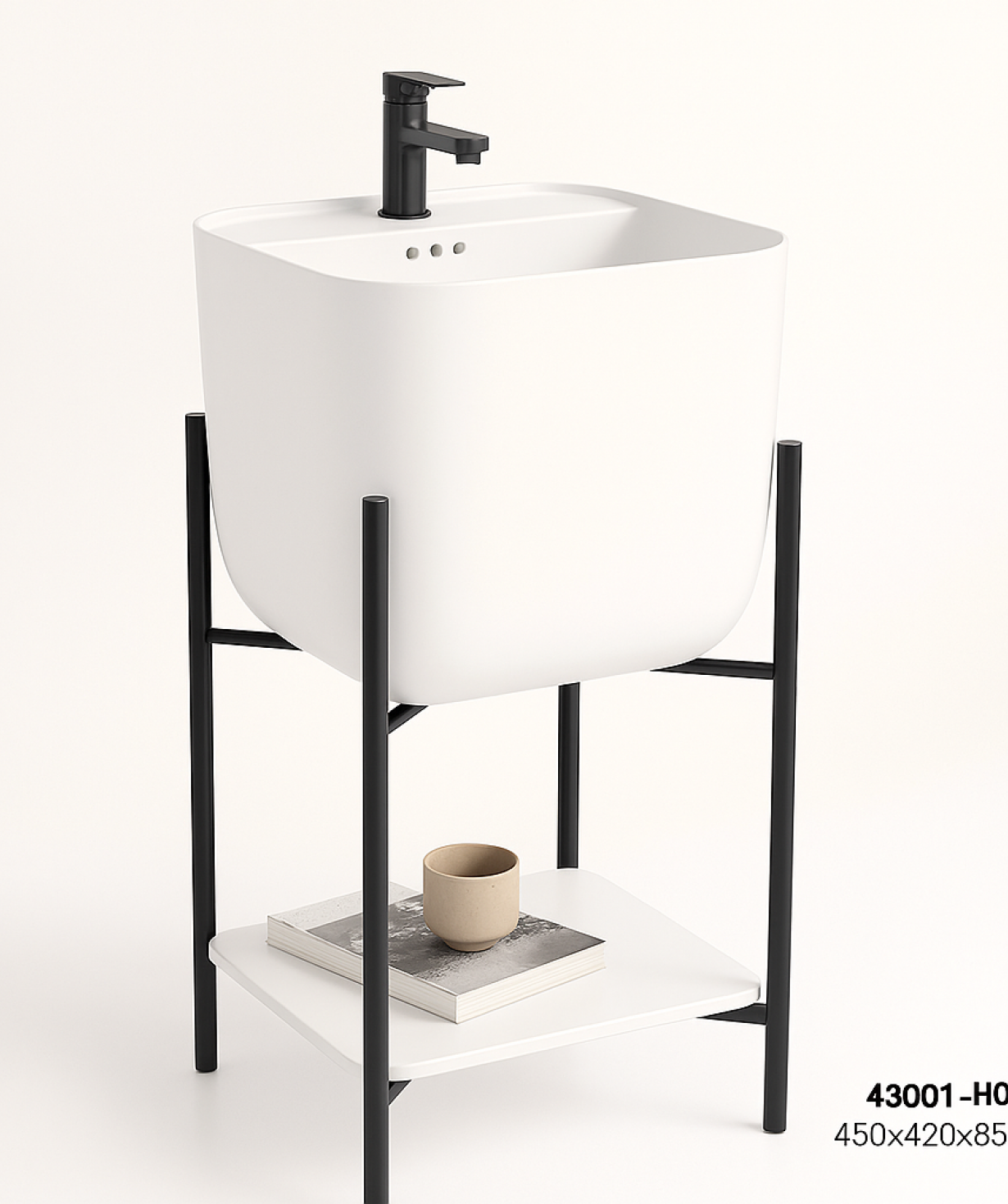 PERLA CERAMIC BASIN+BRACKET H006 GLOSSY WHITE/MATT BLACK 450X420X850MM
