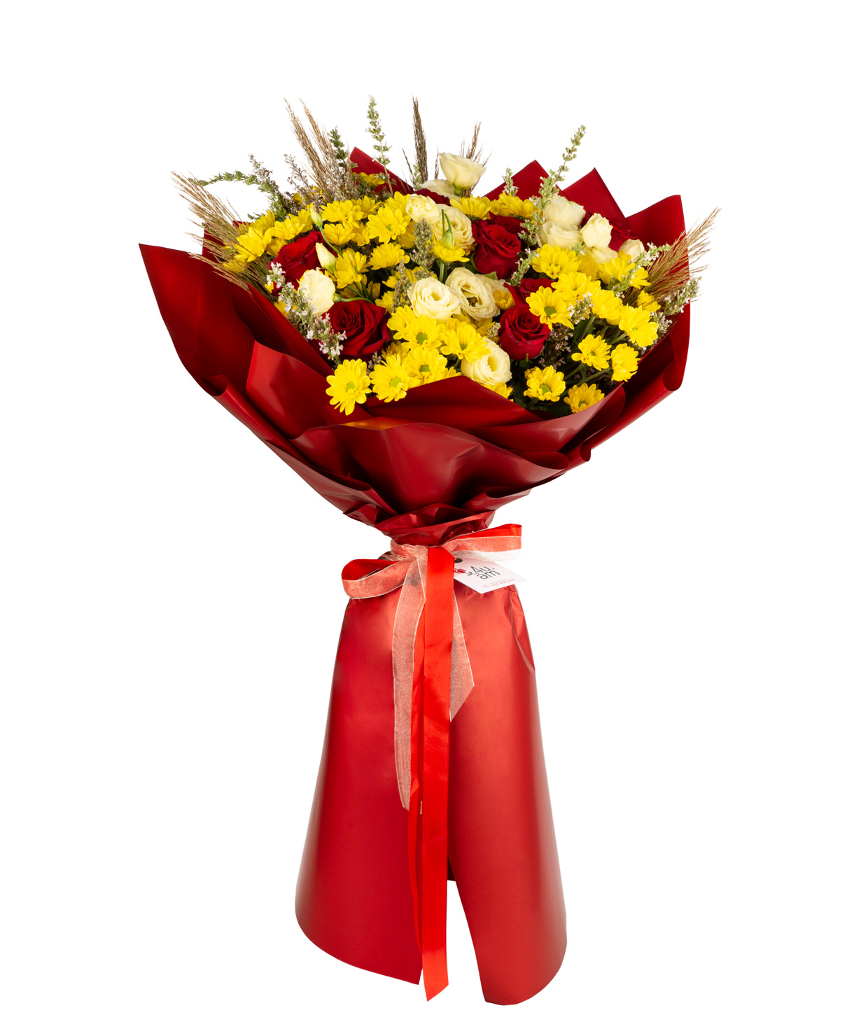 Букет `Red Albaz` из роз, хризантемов и лизиантуса