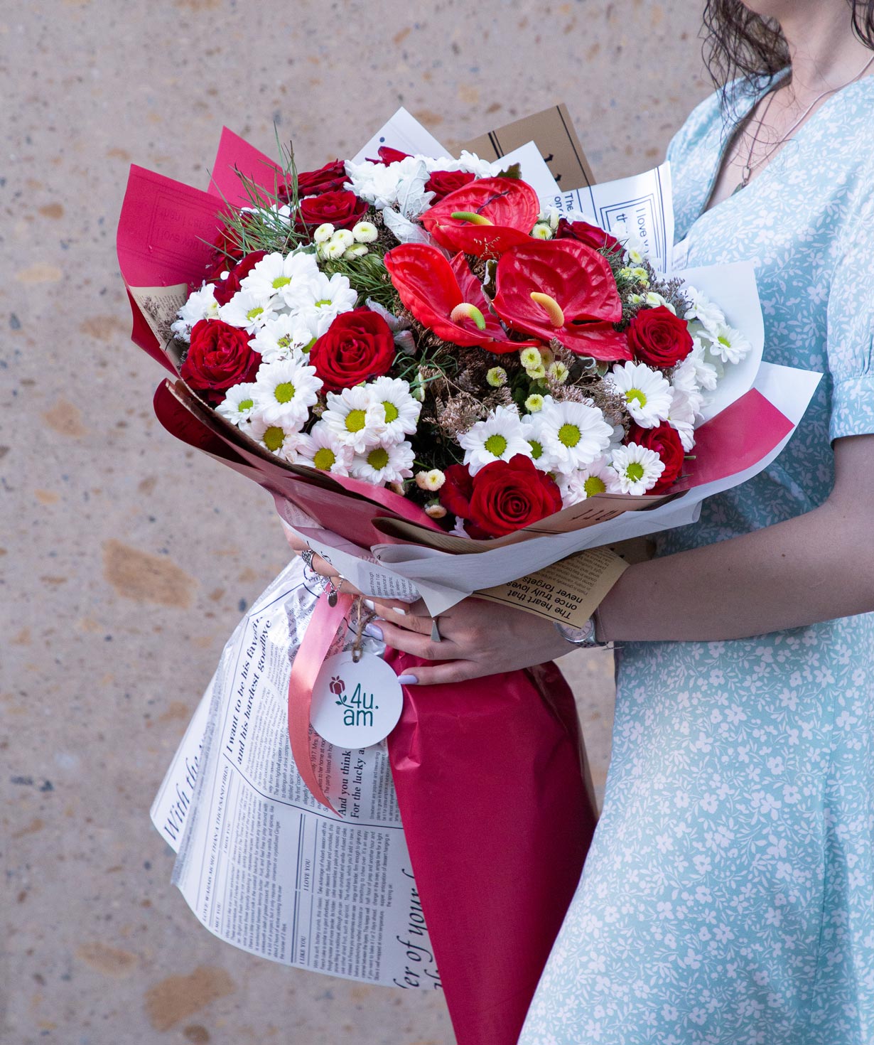 Bouquet `Limerick` with roses, chrysanthemums and anthuriums