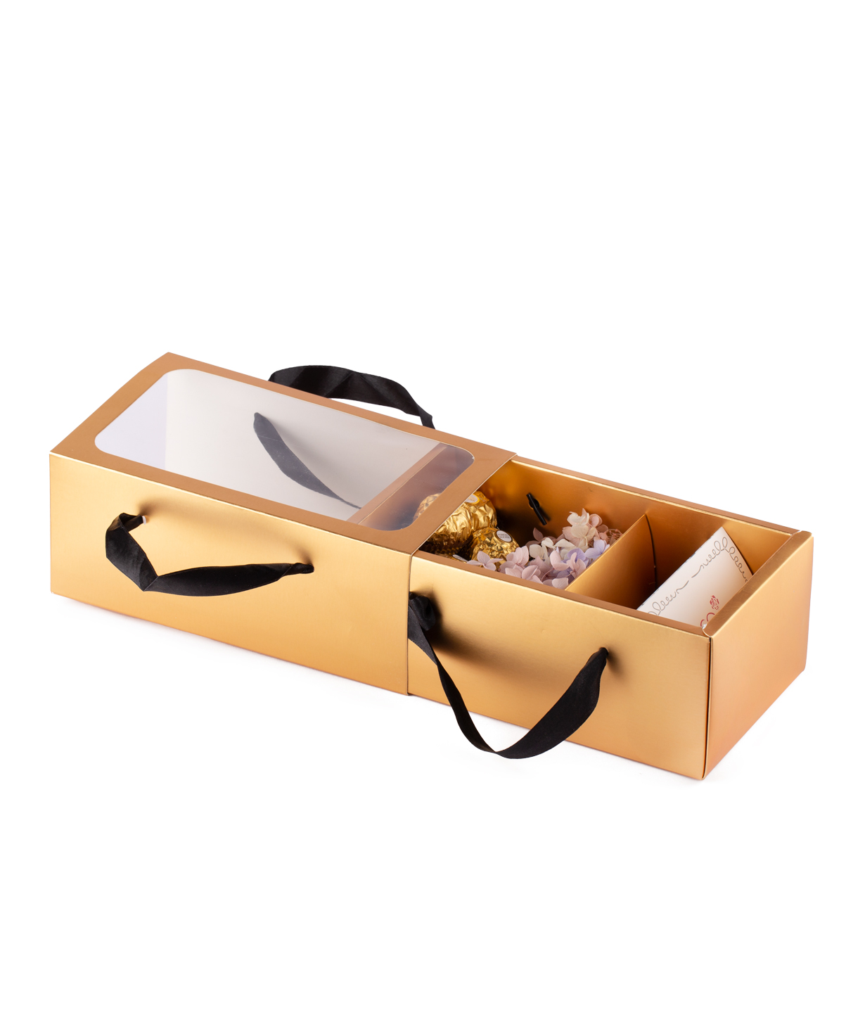 Подарочная коробка `EM Flowers` с вечными гортензиями и шоколадными конфетами