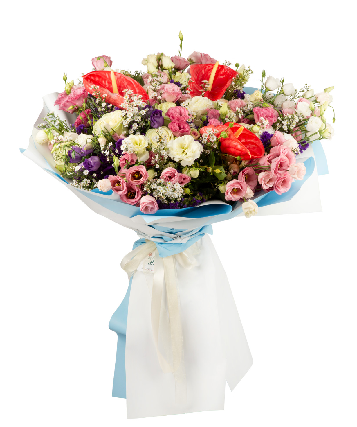 Ծաղկեփունջ «Floral Variety»  վարդերով,  անթորիումներով և լիզիանտուսներով