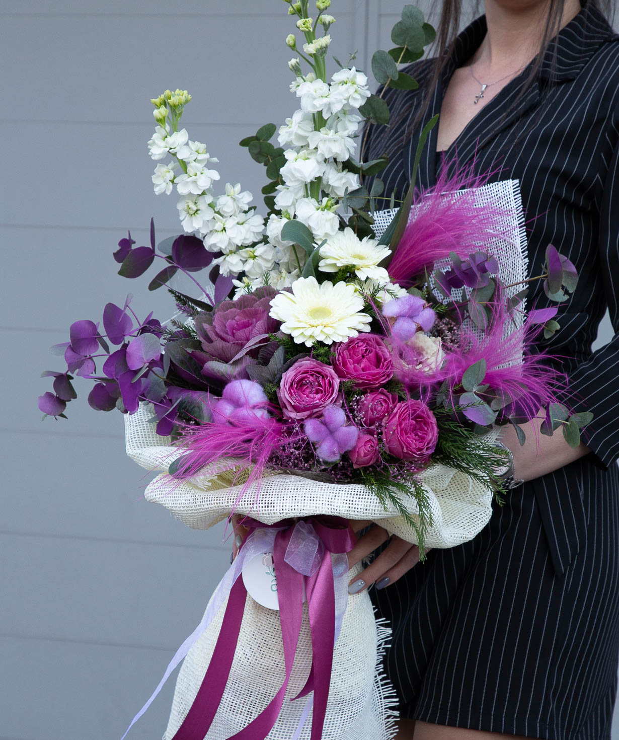 Bouquet of `Merefa` with peony roses and chrysanthemums