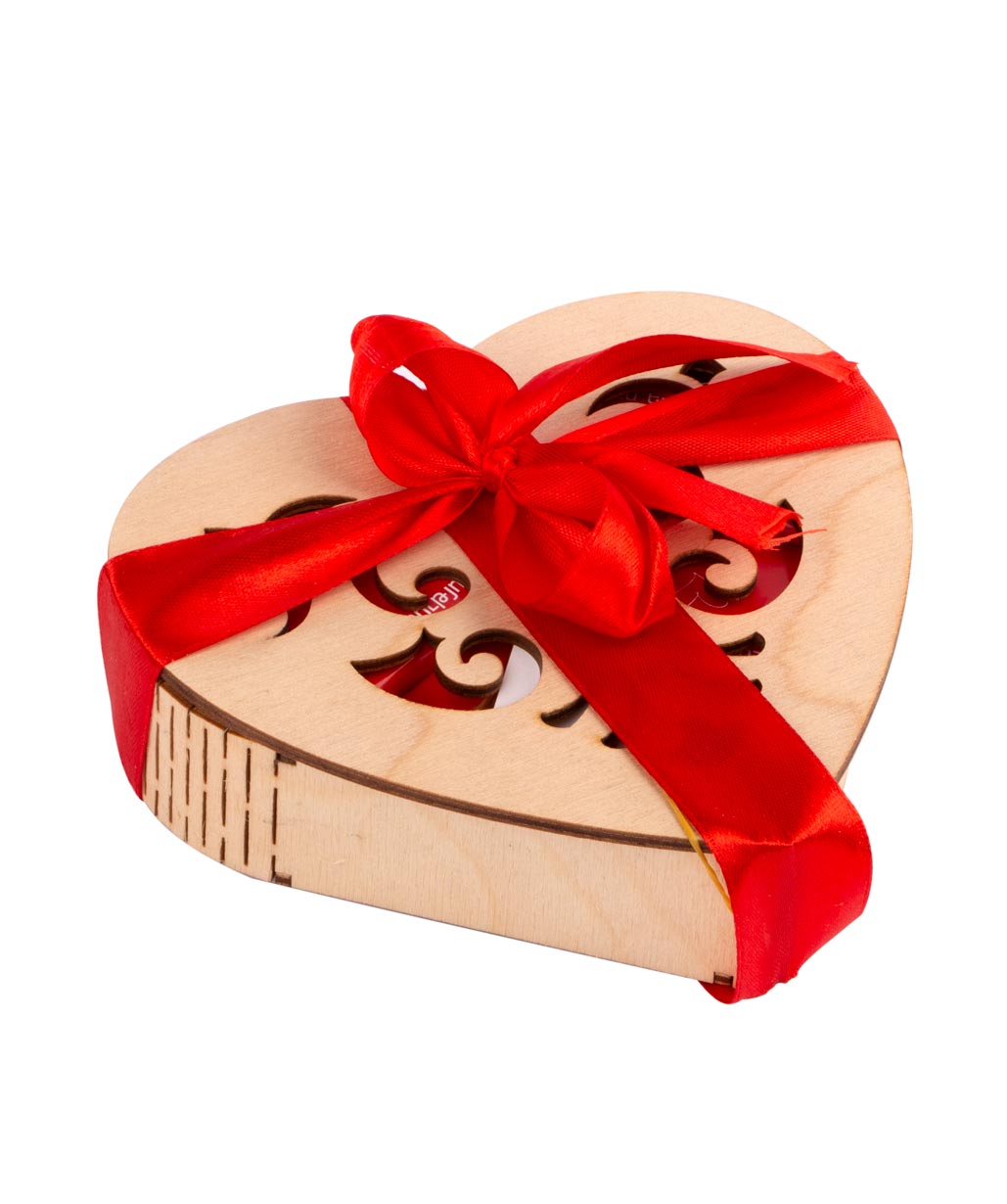 Box `Gourme Dourme` with chocolate candies, wooden