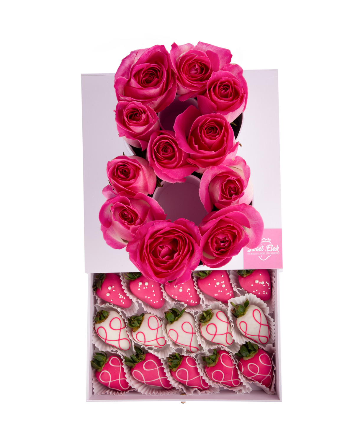 Gift box ''Sweet Elak'' with roses and chocolate covered strawberries