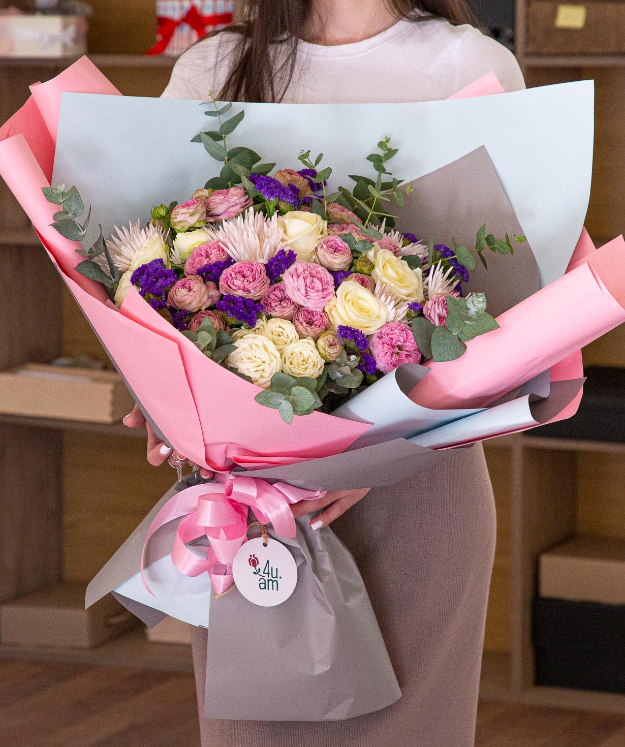 Bouquet `SHIK` with roses, chrysanthemums