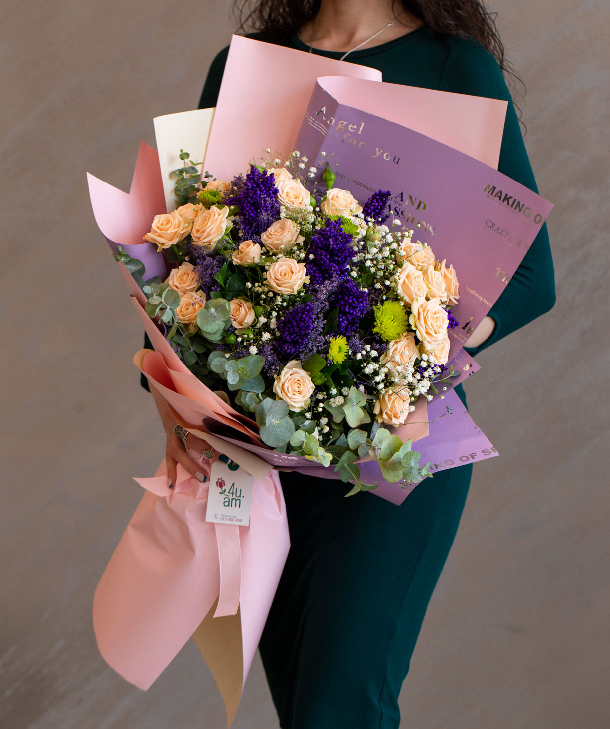 Bouquet `Lusaka` with roses, chrysanthemums, gypsophilas