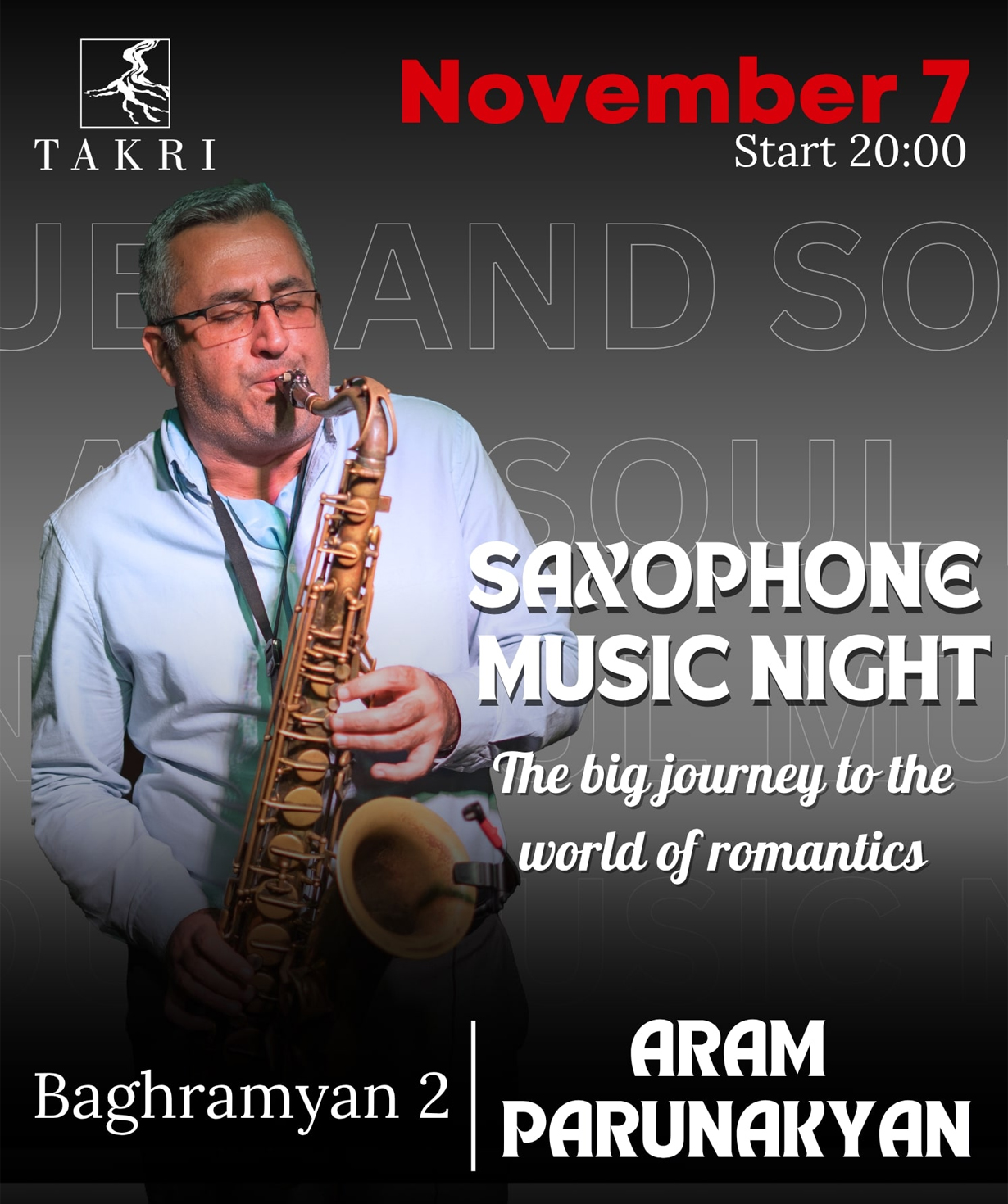 Saxophone music night at Takri | Aram Parunakyan, 2025-11-07, 20:00
