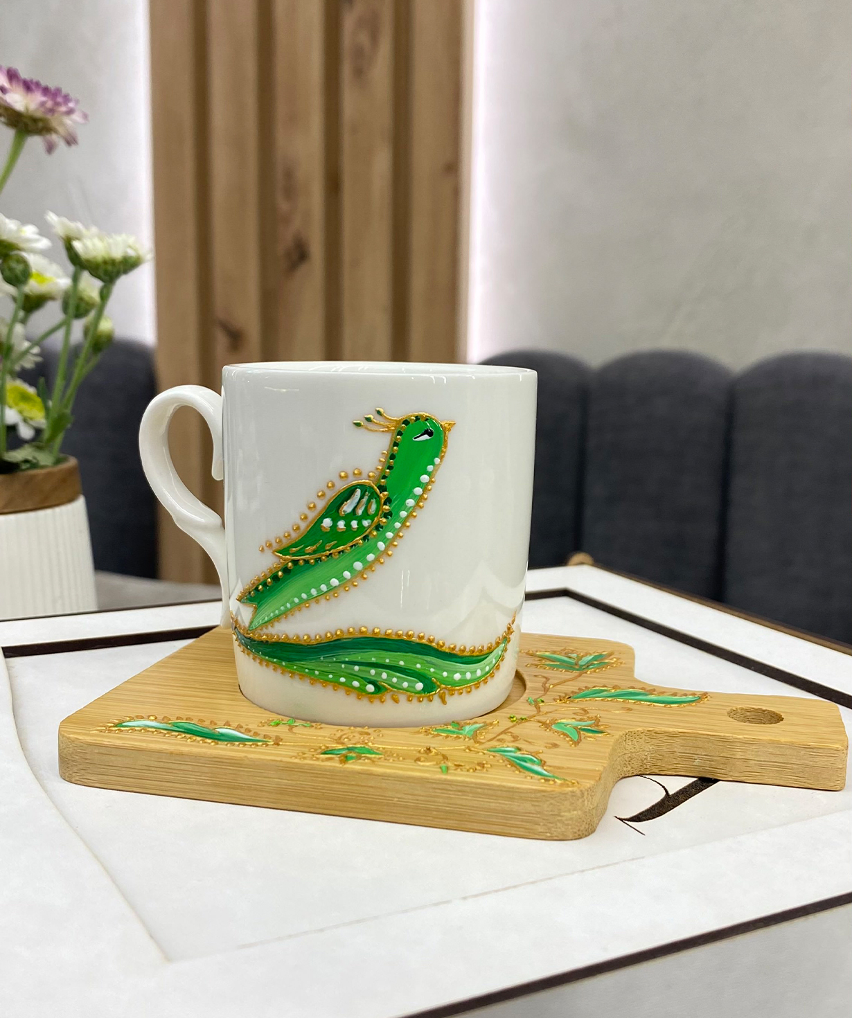 Cup «Miniso» With bird Letters and wooden stand №5