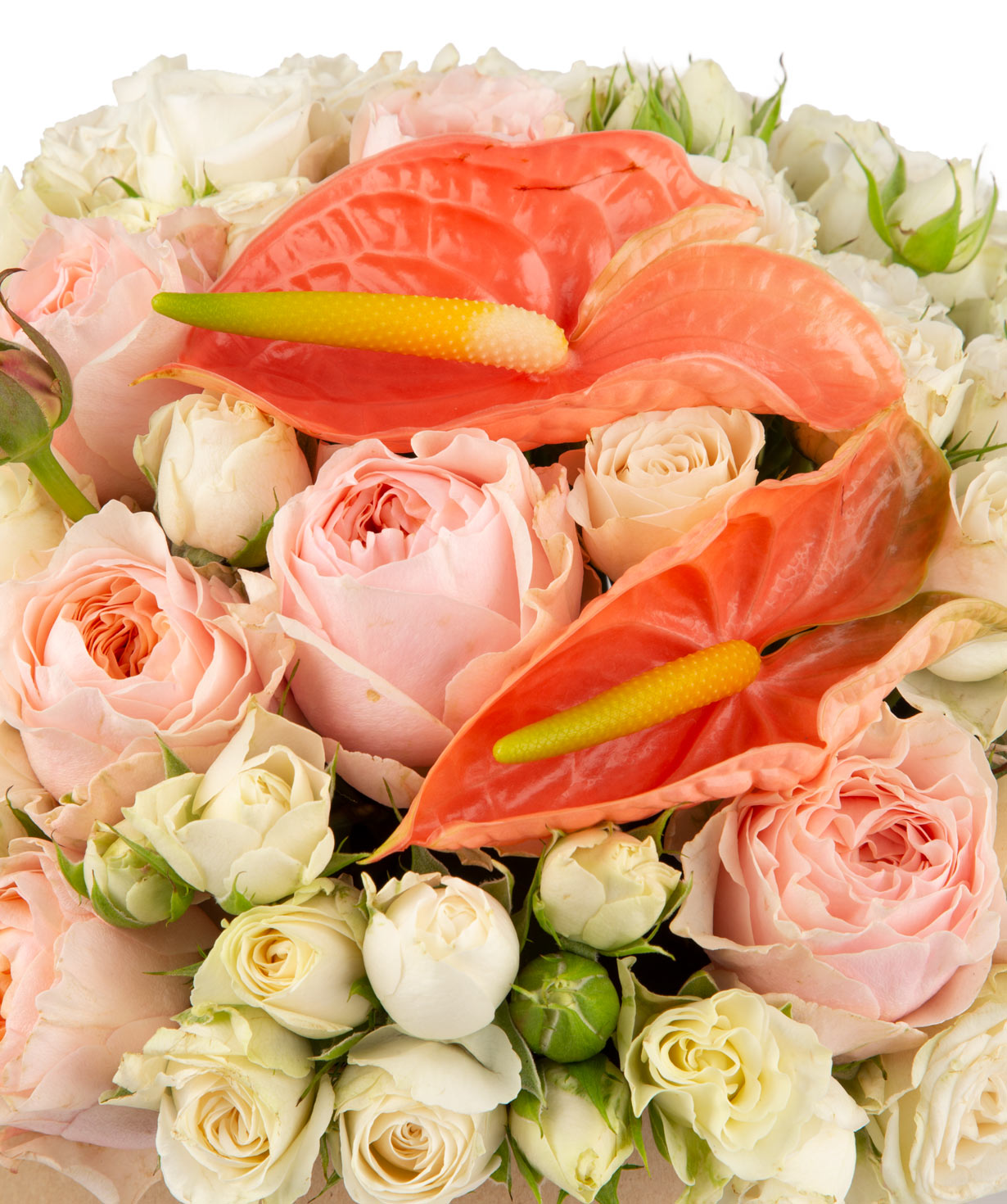 Композиция `Коломбо` из кустовых и пионовидных роз, с антуриумом