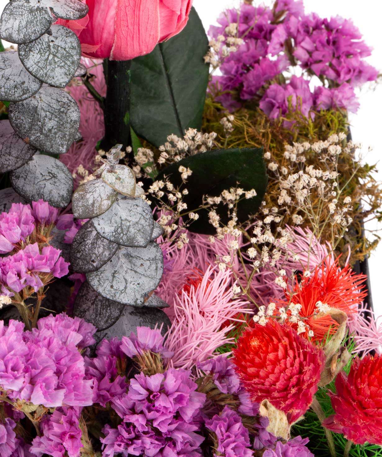 Arrangement `EM Flowers` with eternal roses and hydrangeas