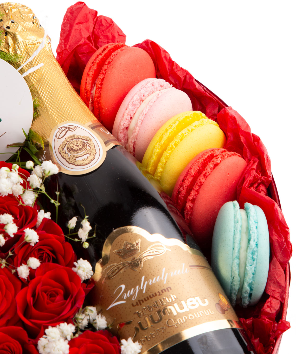 Composition ''Vienna'' with spray roses, macaroons, champagne