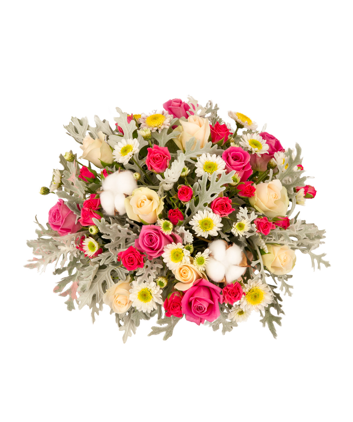 Композиция `Stans` с розой, хлопком и хризантемой