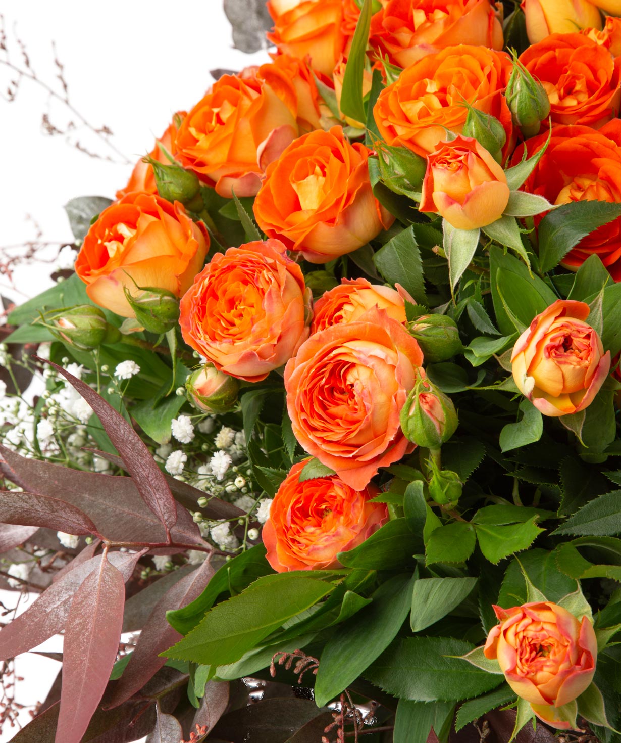 Ծաղկեփունջ «Լոգոյսկ» փնջային վարդերով, գիպսոֆիլայով