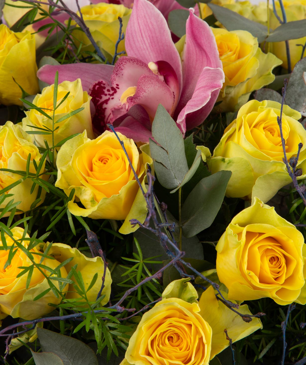 Композиция `Прива` с розами, орхидеями и эвкалиптоми