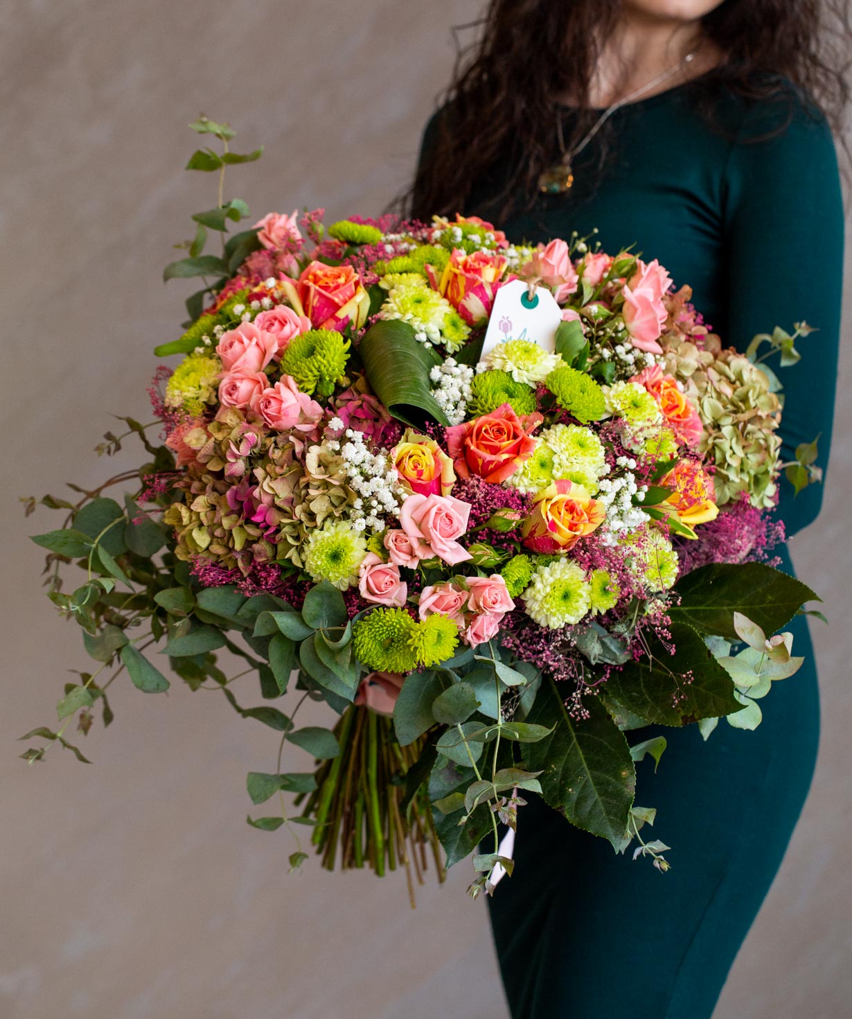 Bouquet `North Bay` with roses, hydrangeas and chrysanthemums