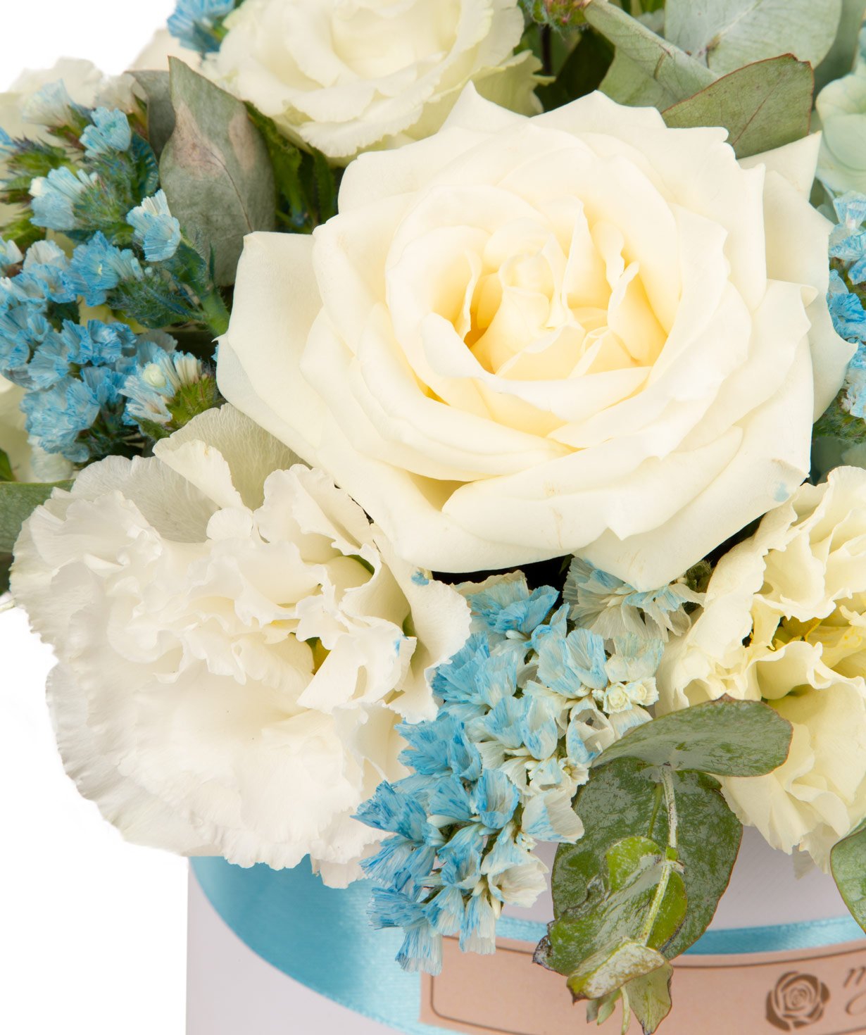 Composition `Apencel` with hydrangea, rose, lisianthus and limonium