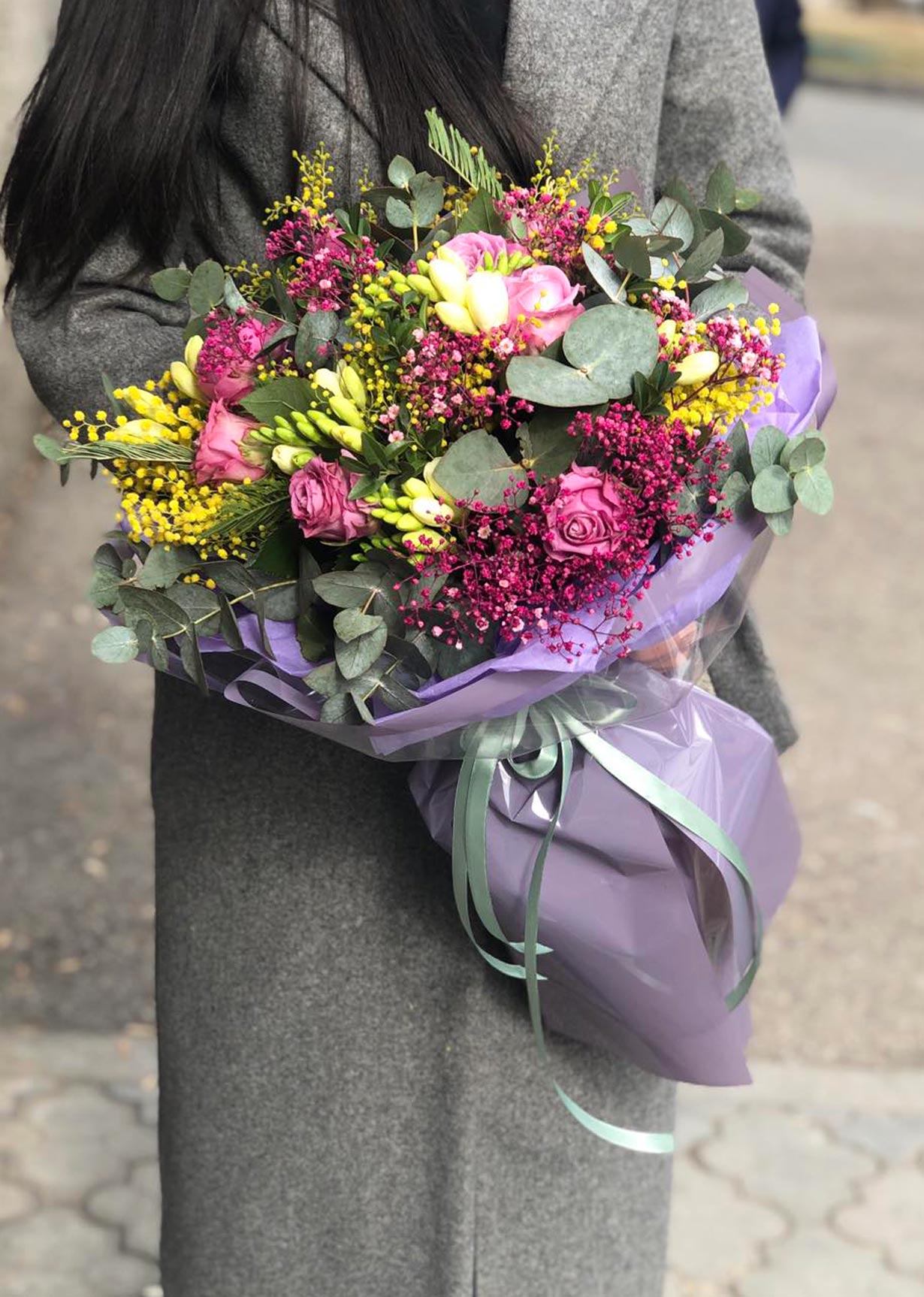 Bouquet `Badenas` with freesias and roses