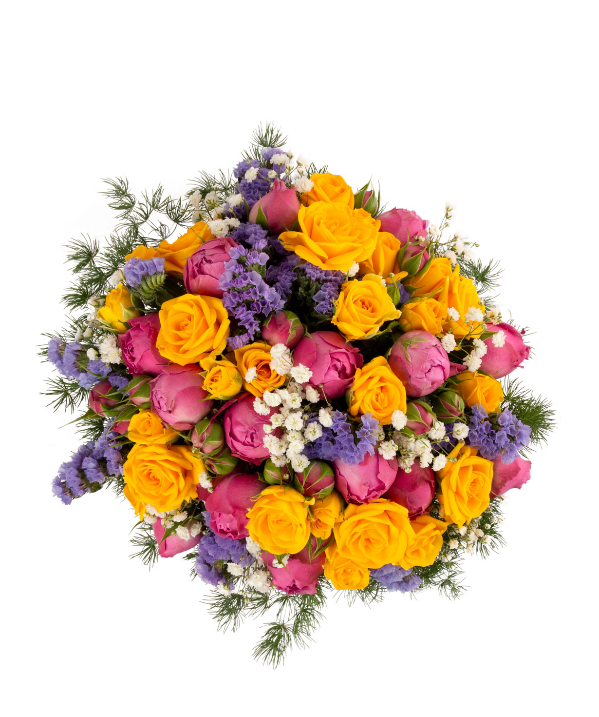 Composition `Hermel` with bush roses, gypsophila and limonium