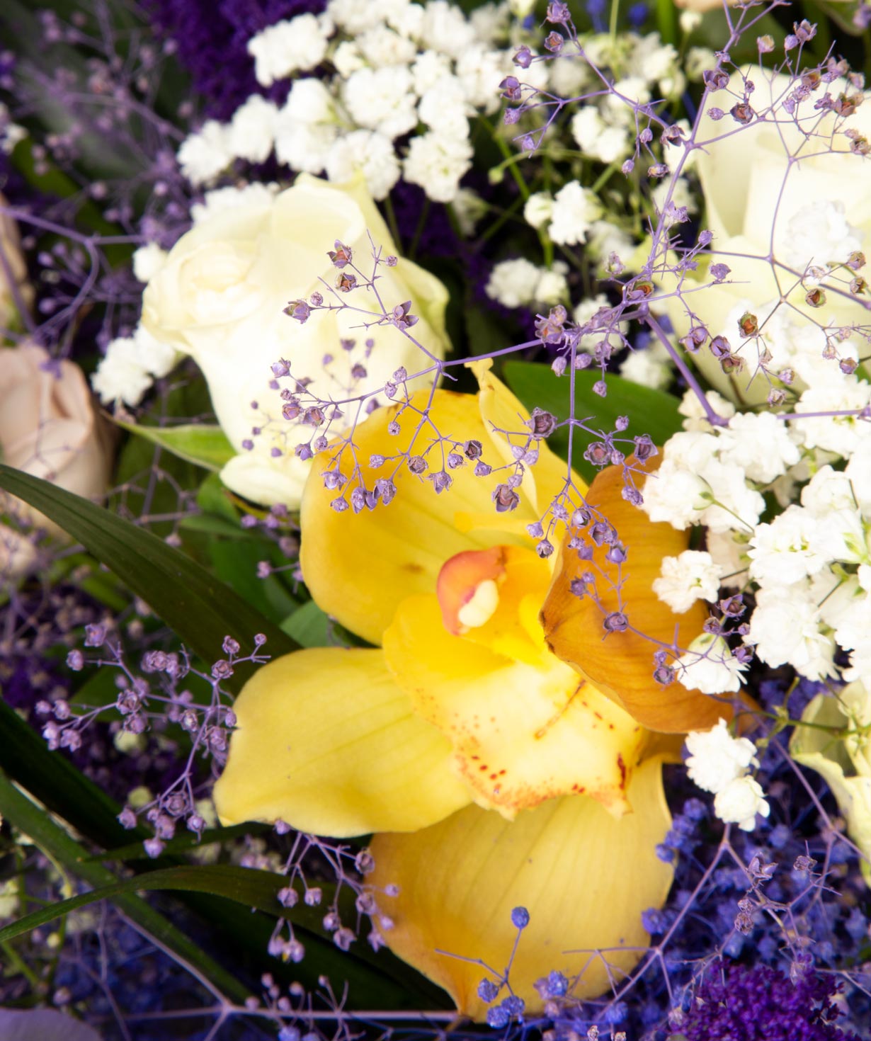 Букет `Кобрин` с розами, орхидеями и гипсафилами