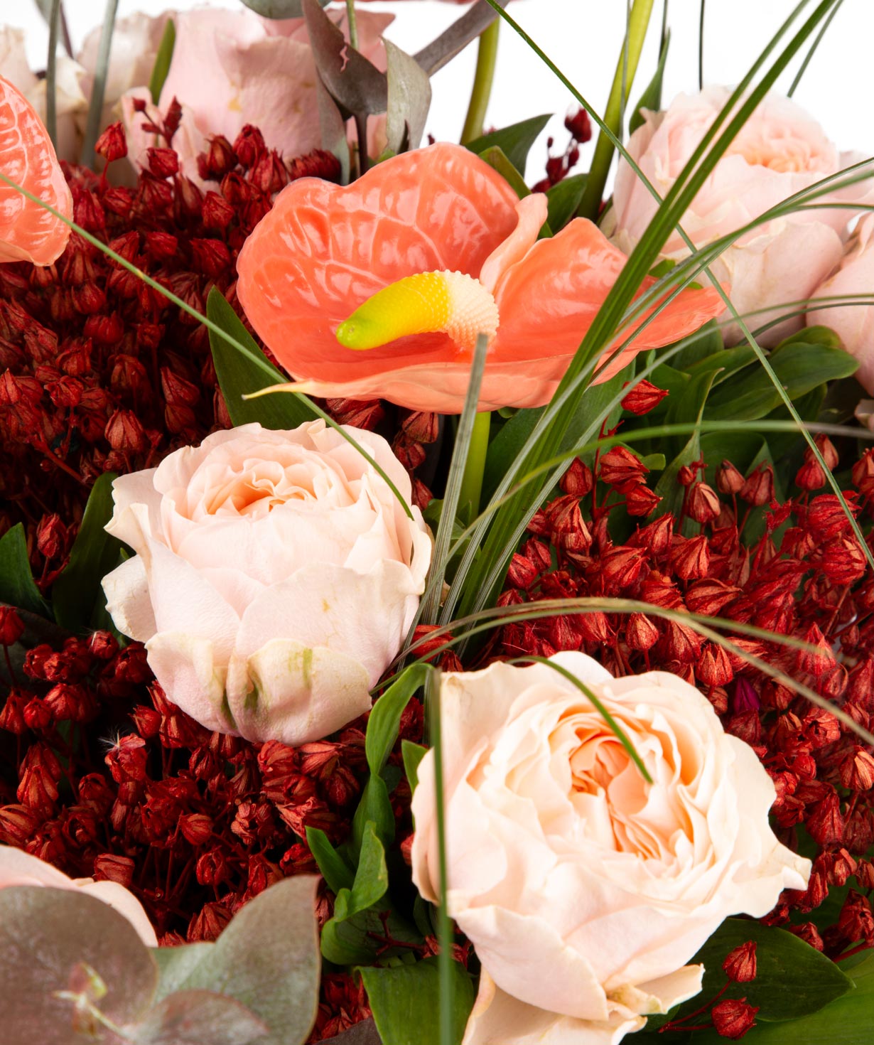 Bouquet  `Polotsk` of roses, anthurium, dried flowers