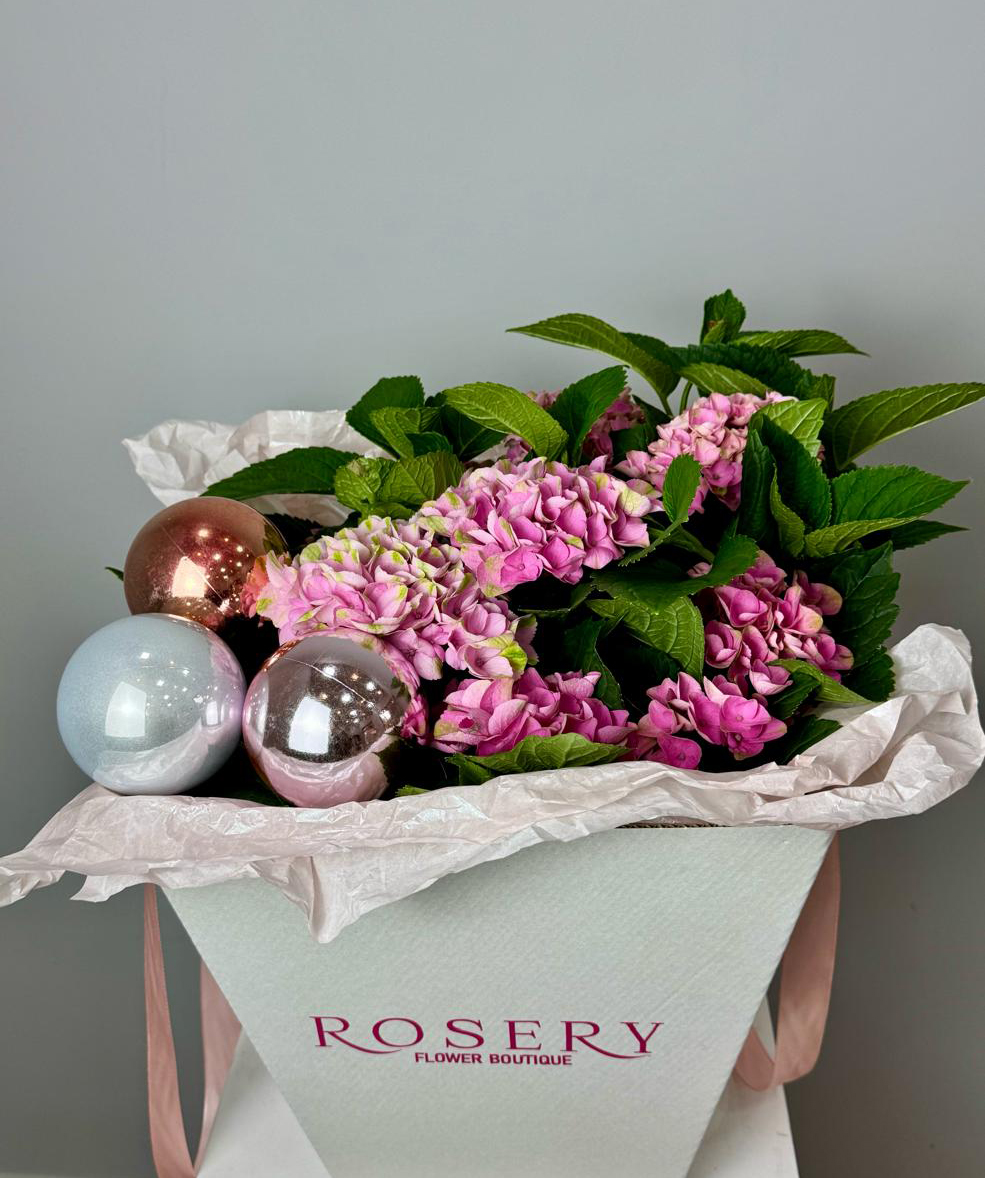 Composition «Andelle» with hydrangeas and Christmas decorations