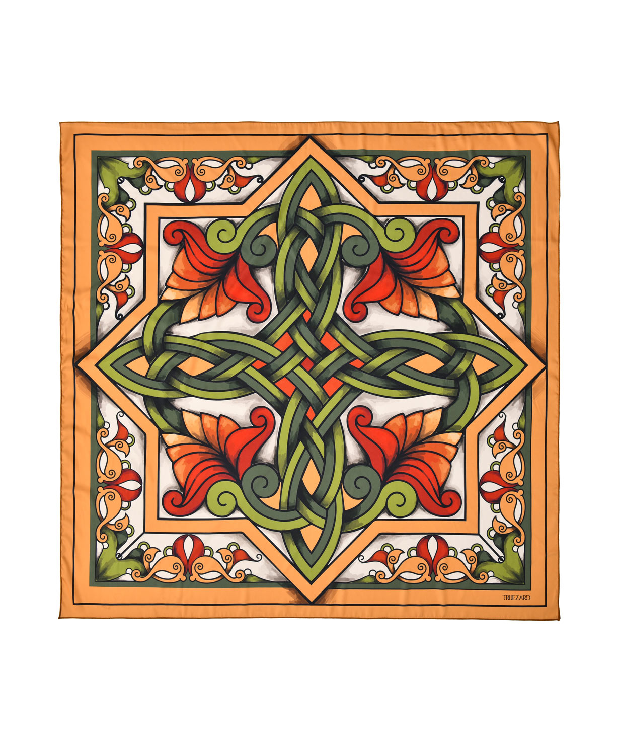 Шарф `Армянские орнаменты` оранжевый и зеленый, средний