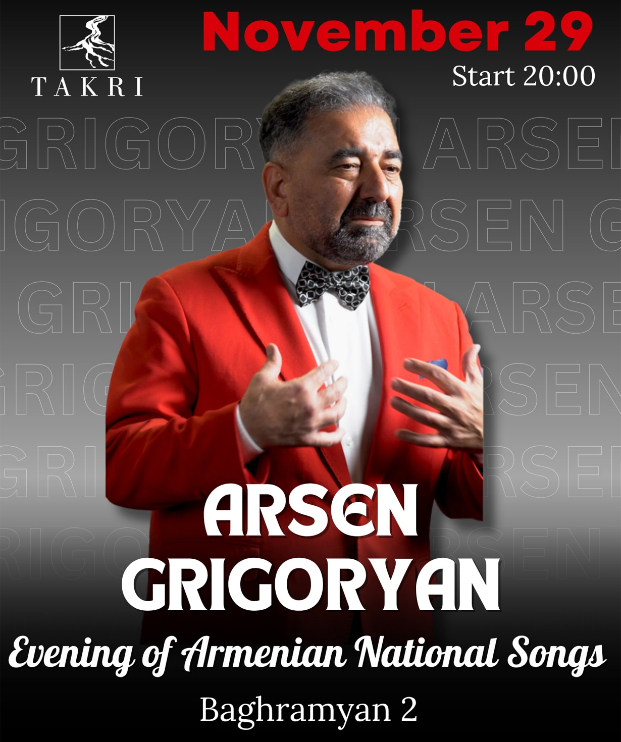 Evening of Armenian National Songs at Takri | Arsen Grigoryan, 2025-11-29, 20:00