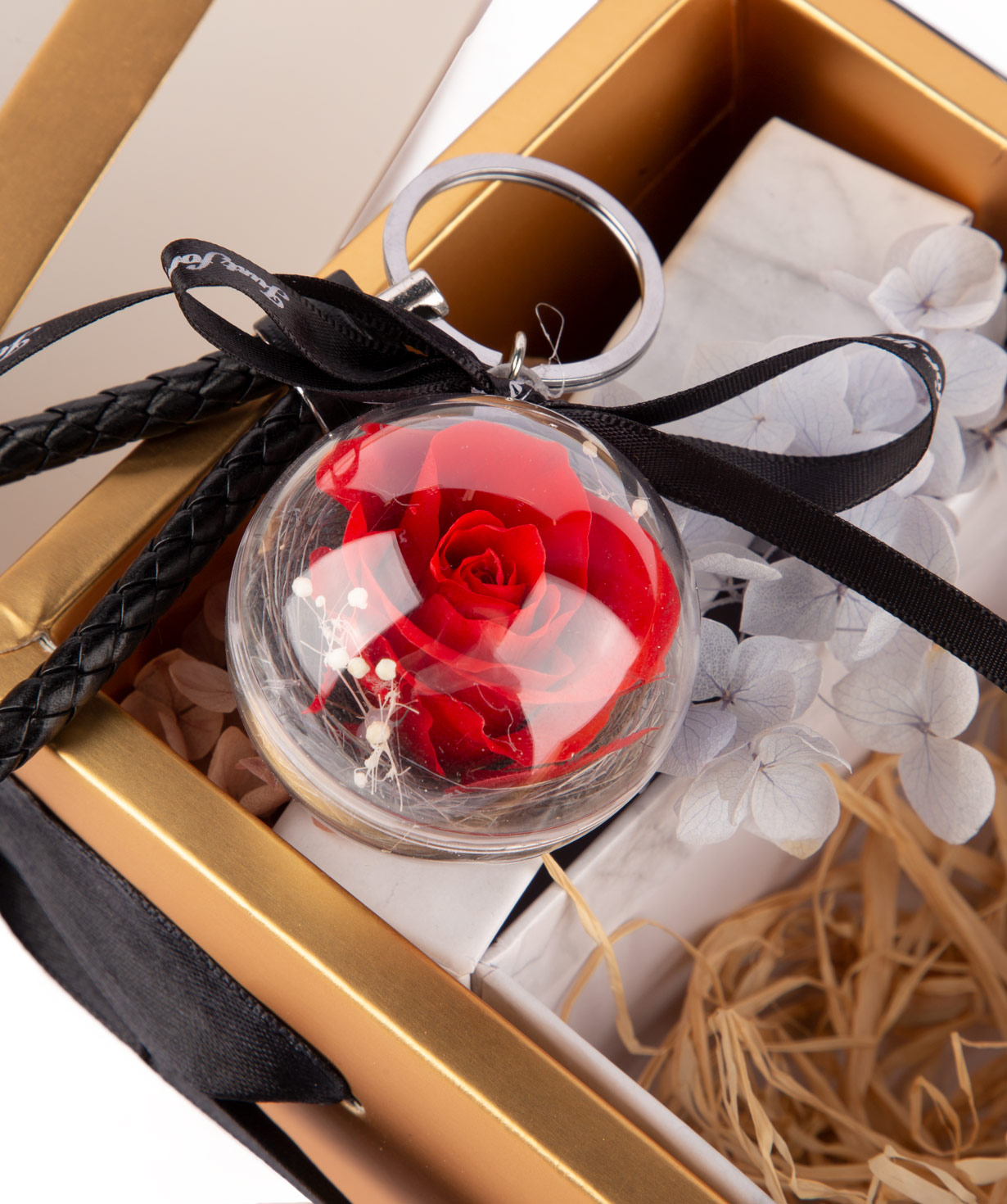 Gift box `EM Flowers` with eternal rose, chocolates and with keychain