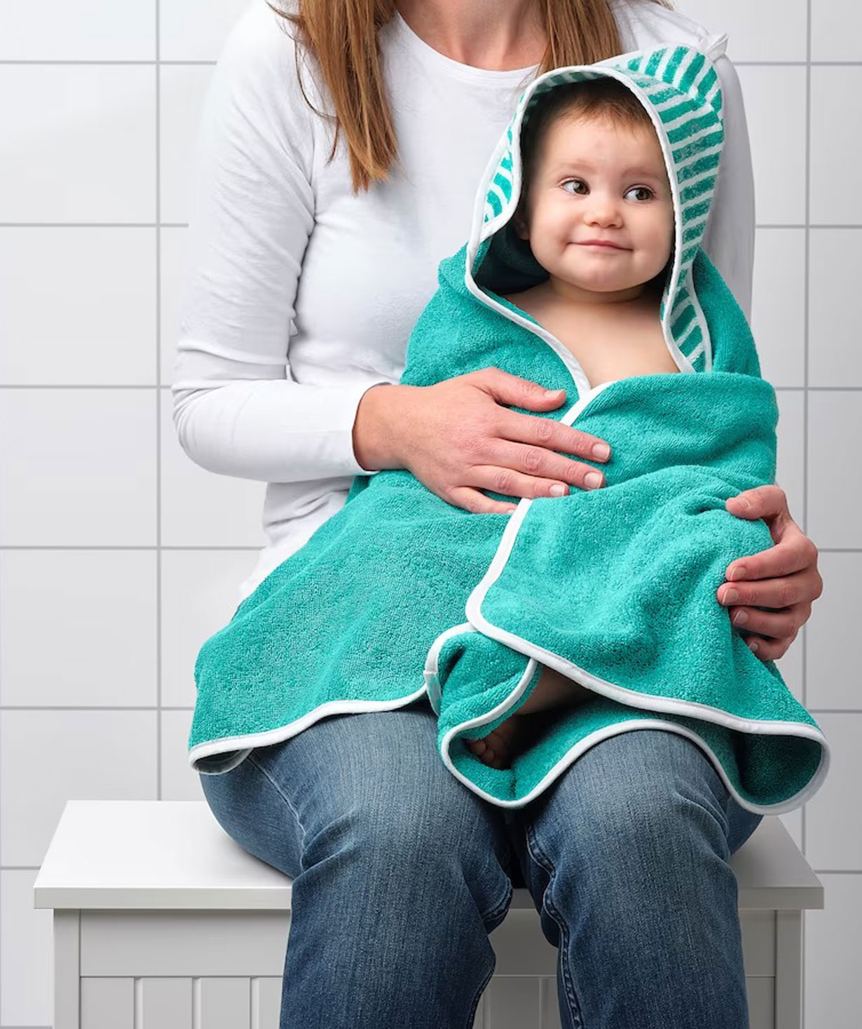 Baby towel with hood ''RÖRANDE'' stripe/green, 81 x 81 cm