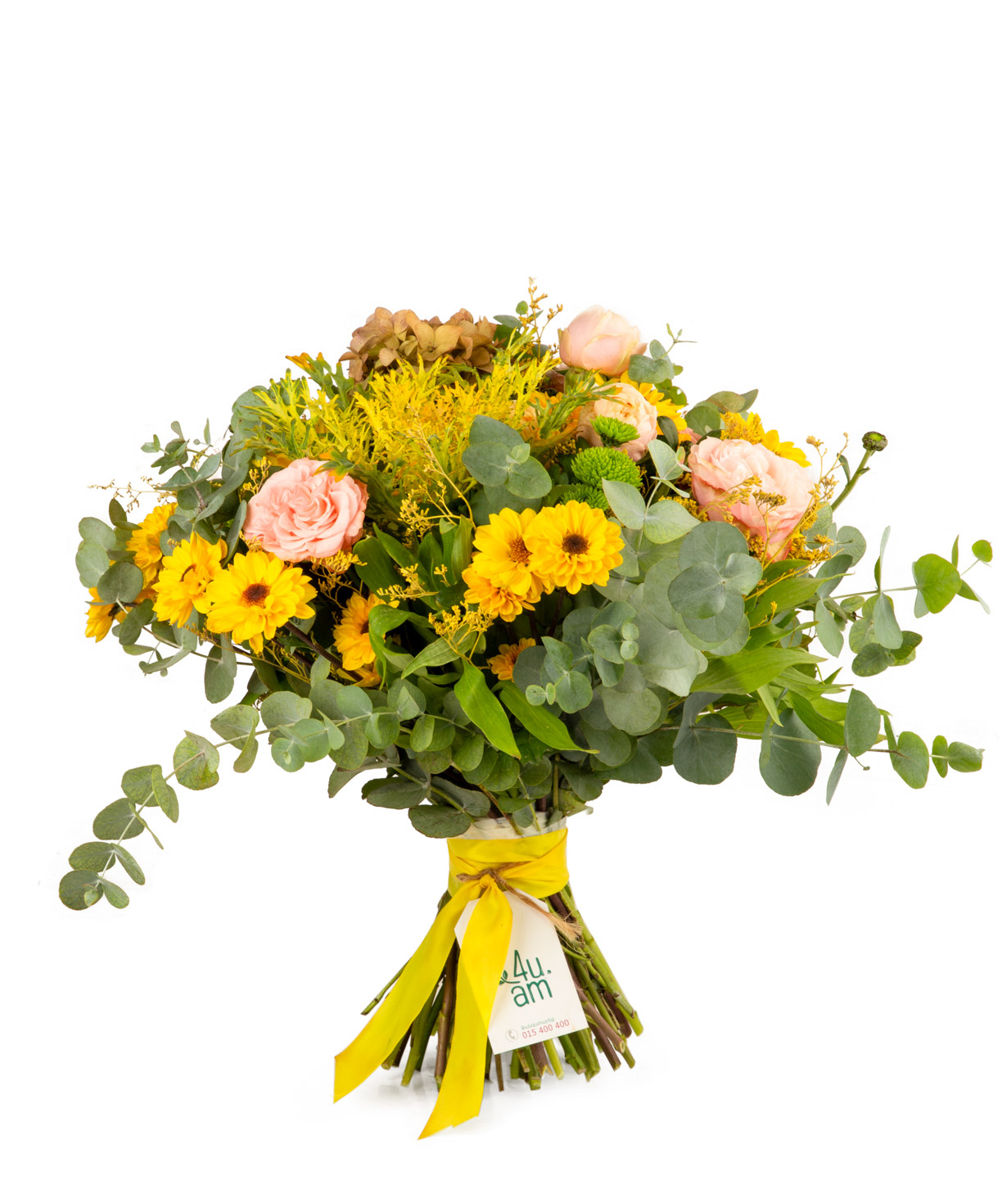 Букет `Кигали` с розами, гортензиями и хризантемами