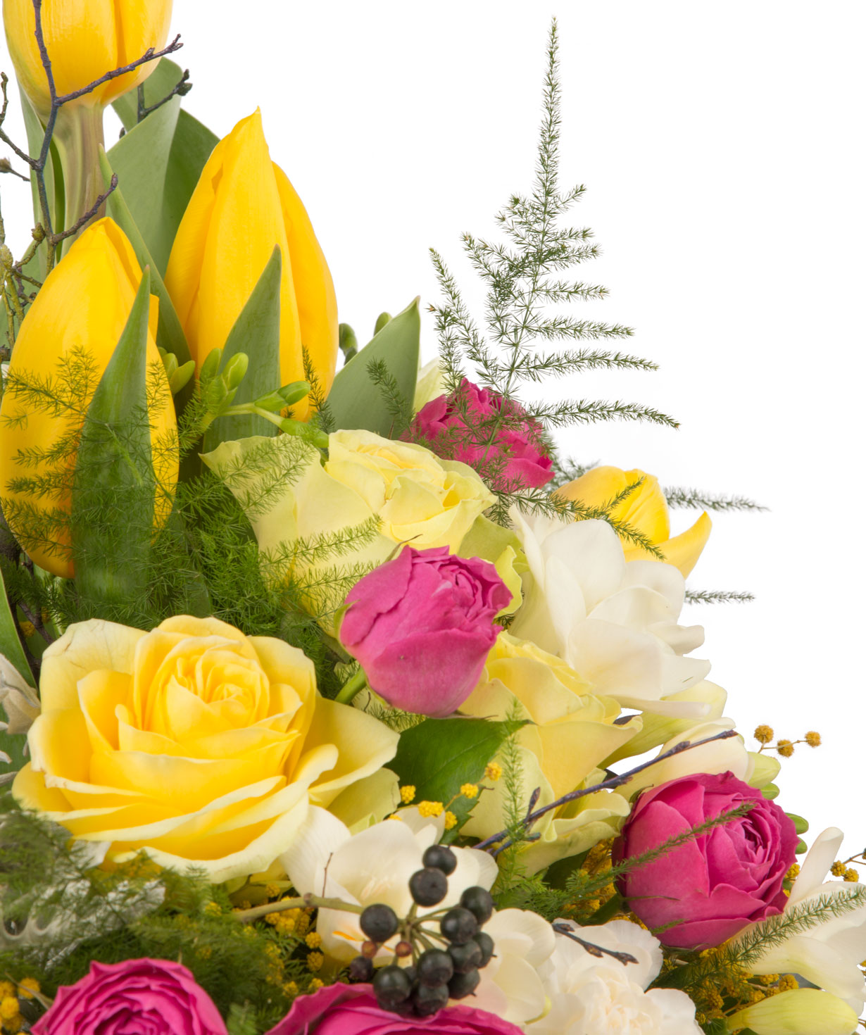Composition `Jonava` with roses, tulips and freesias