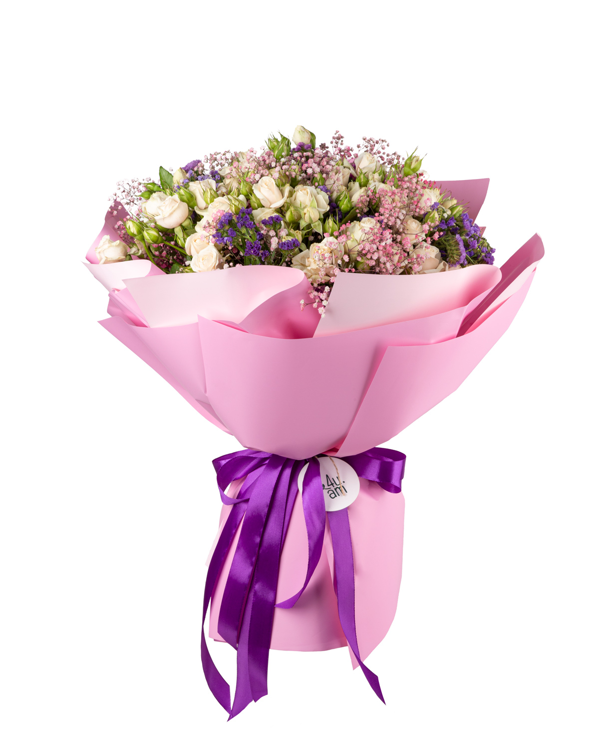 Bouquet `Zvedru` of roses, limoniums, gypsophila