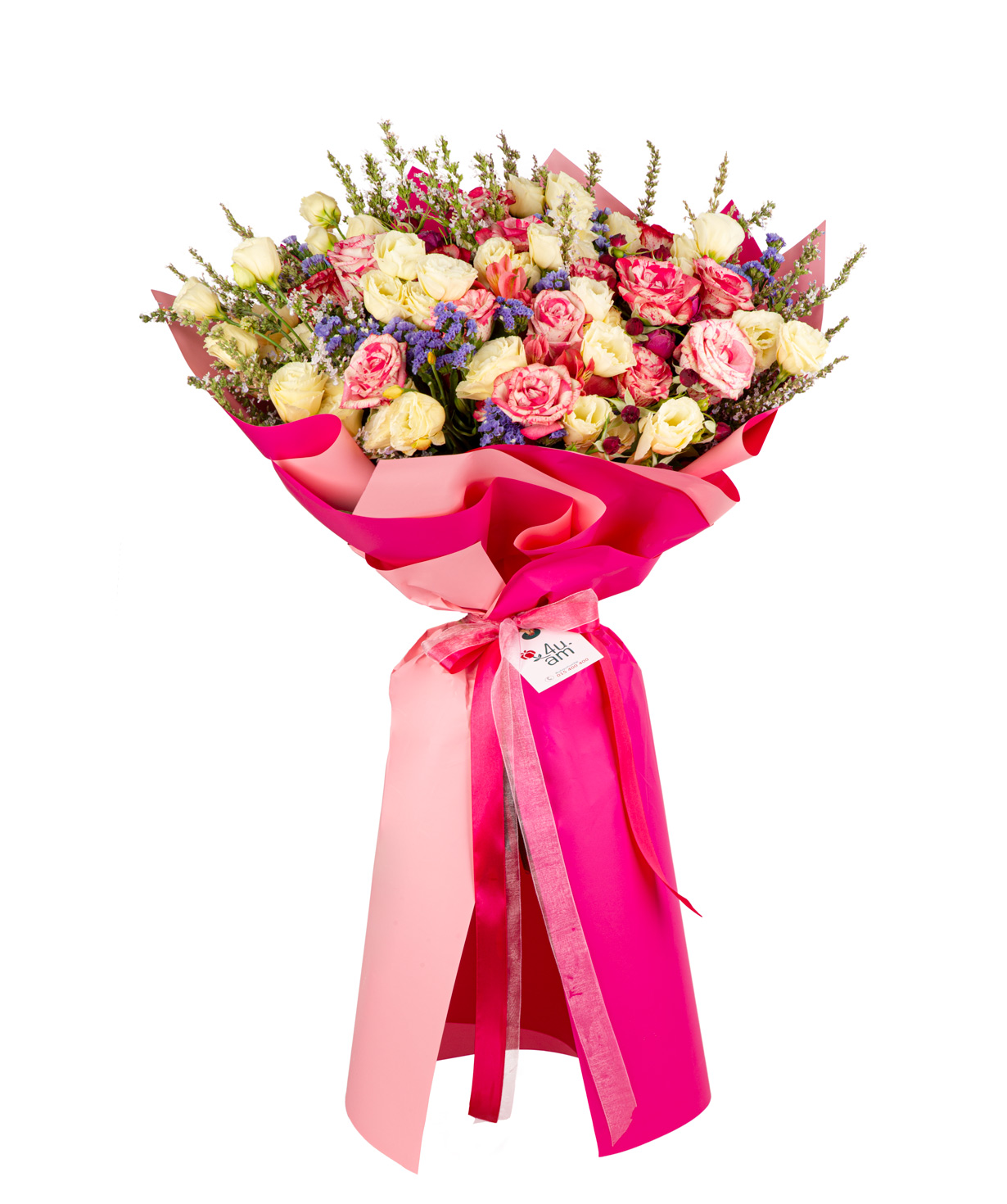 Ծաղկեփունջ «Ալոնդրա» վարդերով, փնջային վարդերով, լիզիանտուսներով և լիմոնիումներով