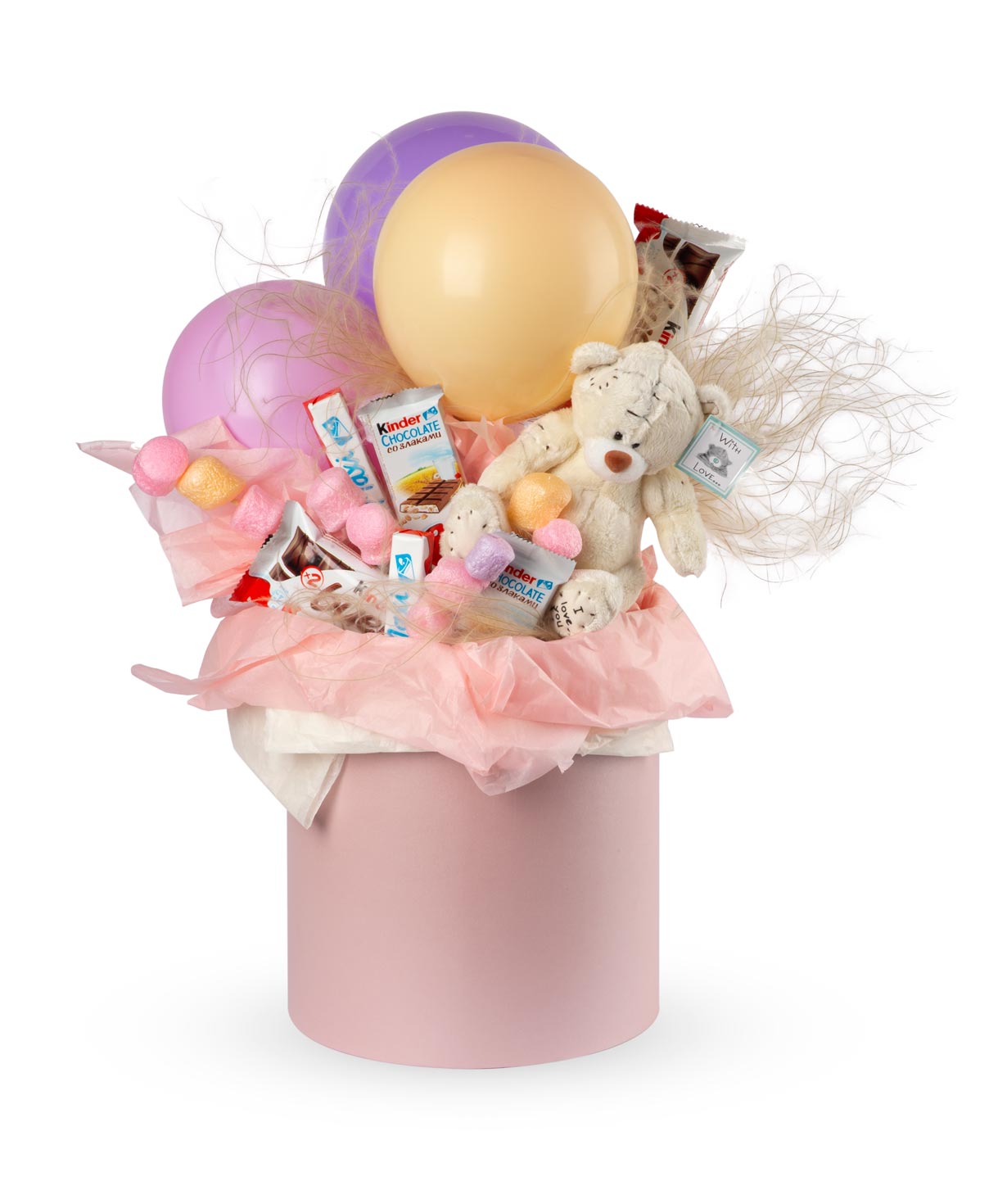 Композиция `Белз` с мягким мишкой, конфетами и воздушными шарами