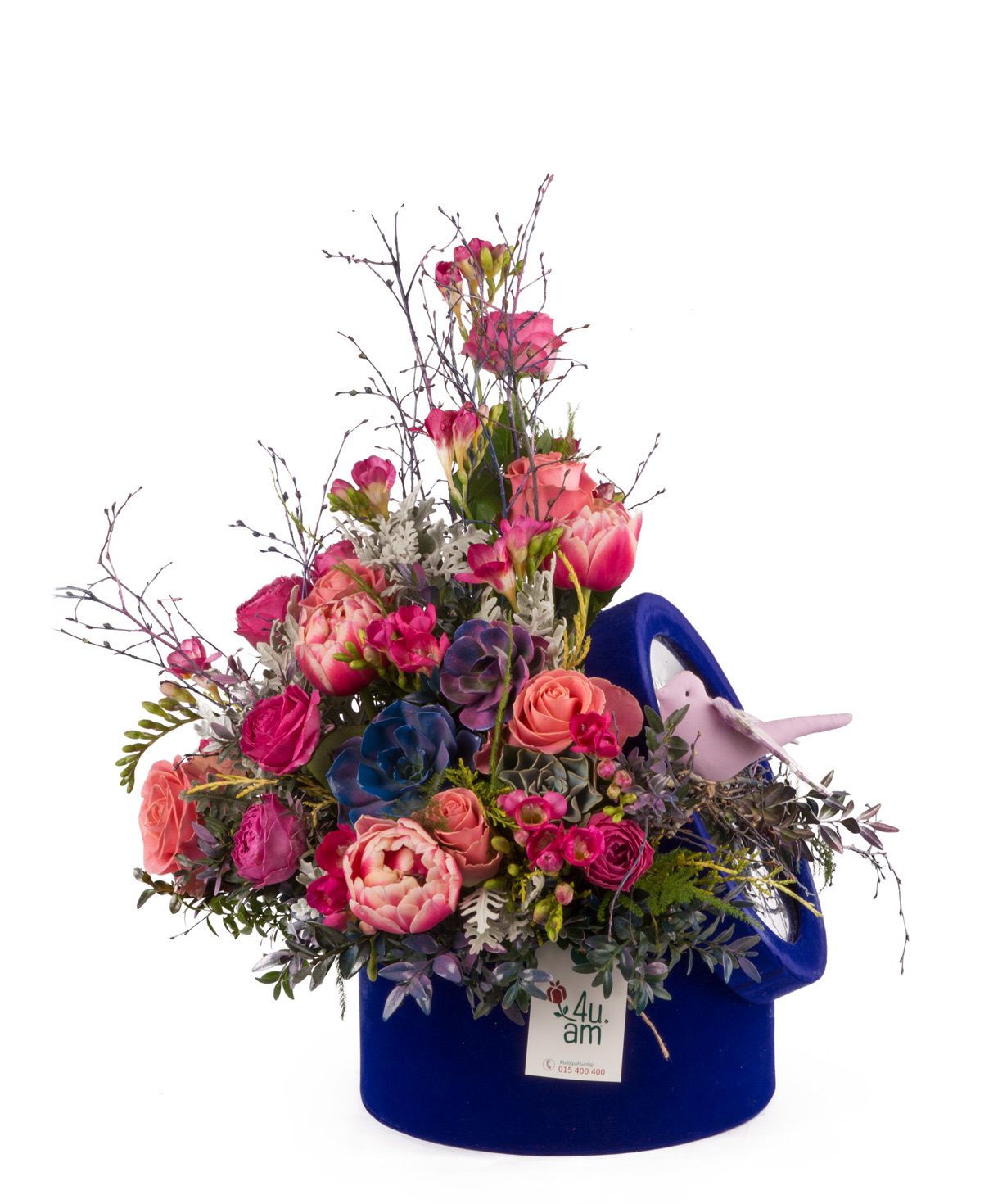 Composition `Birzai` with roses, tulips and freesias