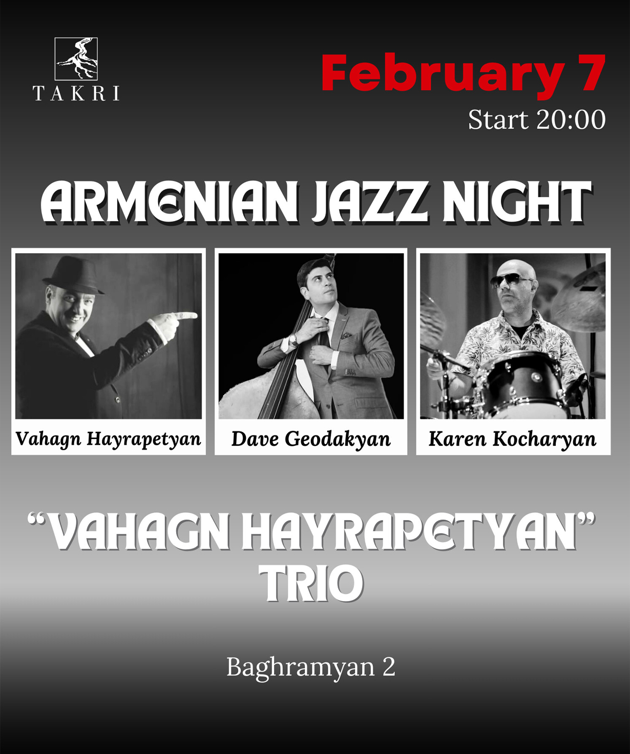 Vahagn Hayrapetyan Trio at Takri, 07-02-2026, 20:00