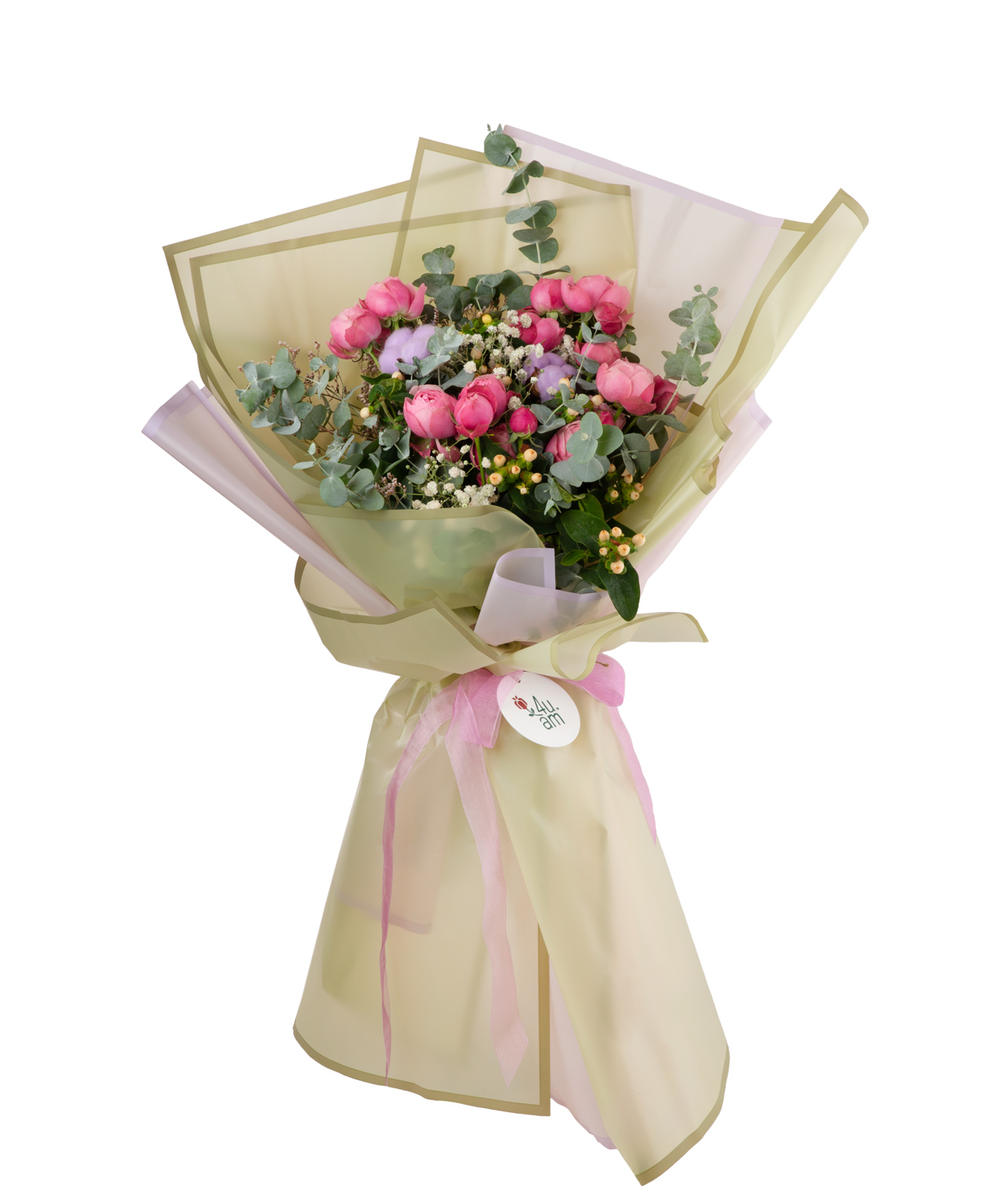 Bouquet `Bali` with roses, gypsophila and cotton