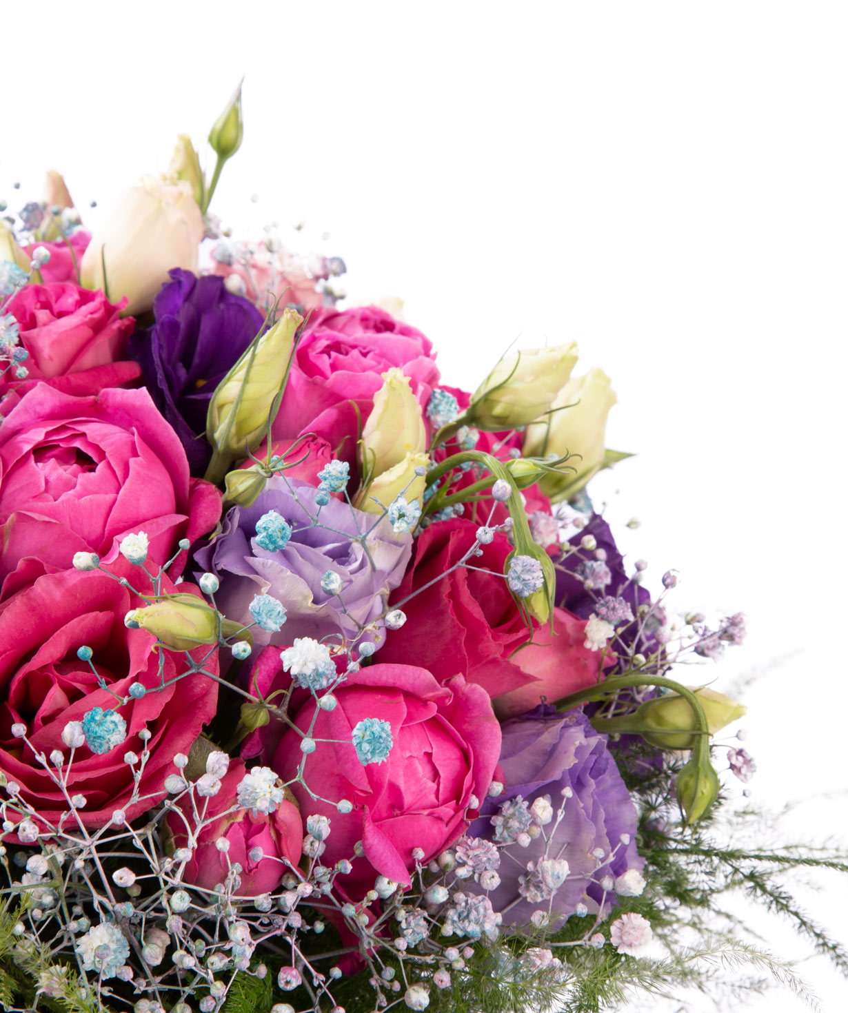Composition `Poznan` with peony roses, gypsophilias and lisianthus