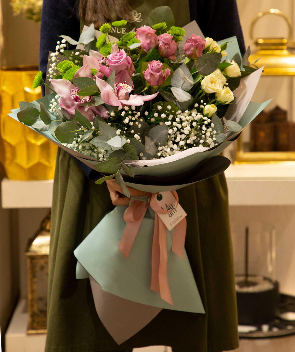 Bouquet `Litia` with roses, chrysanthemums and altromerias