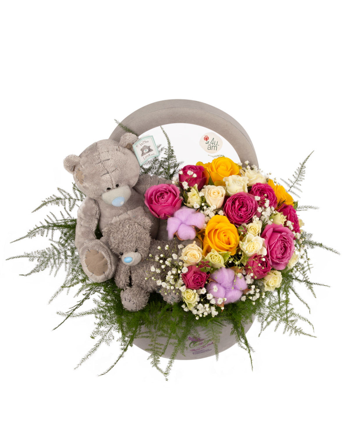 Arrangement `Borgarnes` with flowers and soft bear