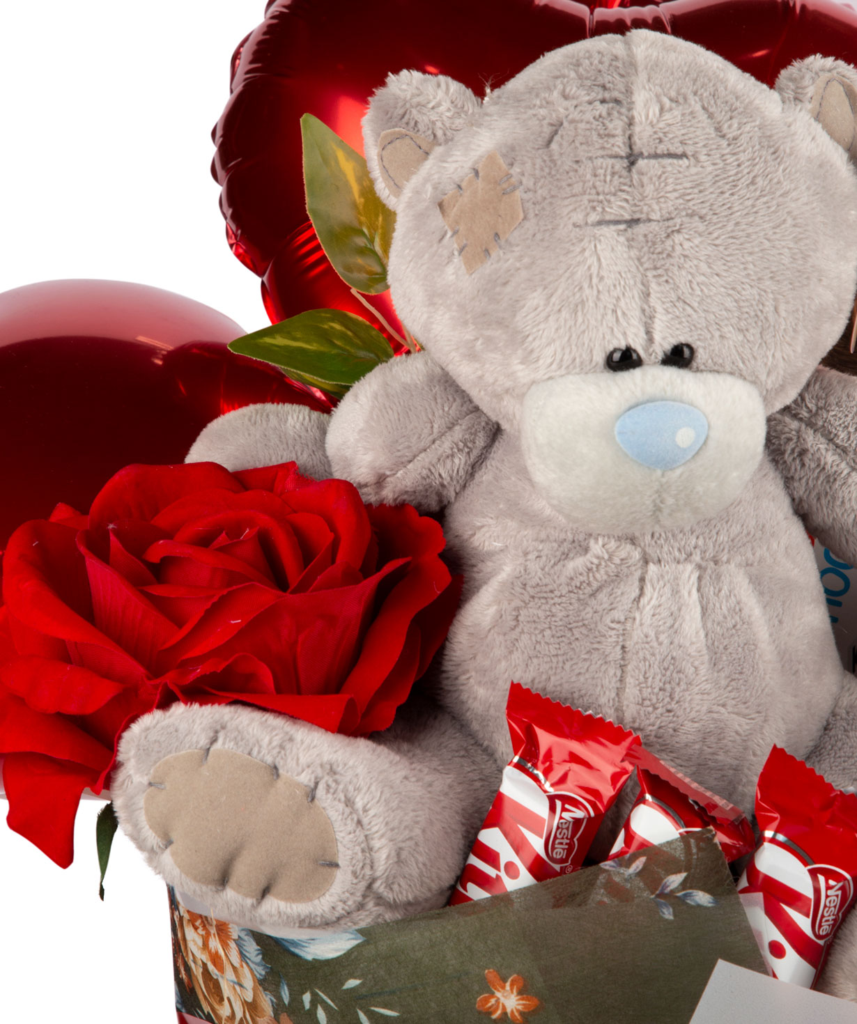 Bouquet `San Diego` with sweets, rose and teddy bear
