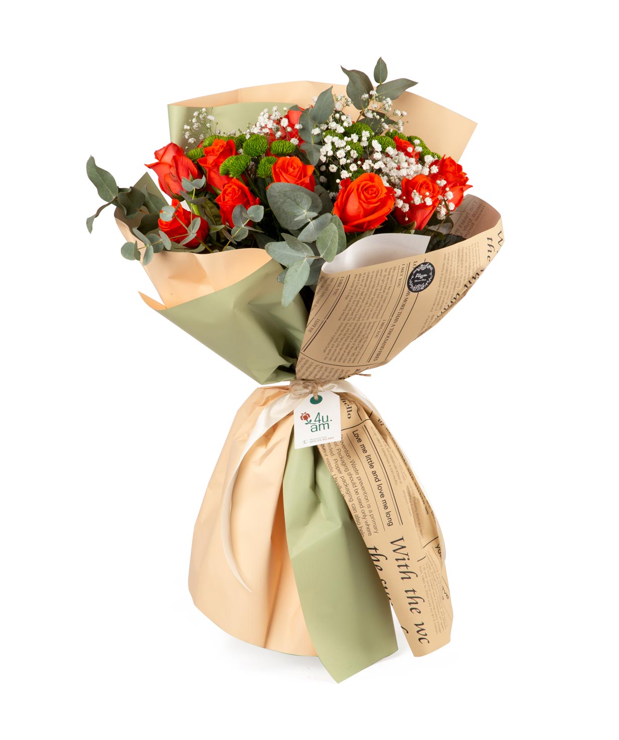 Букет `Лида` с розами, хризантемами и гипсафилами