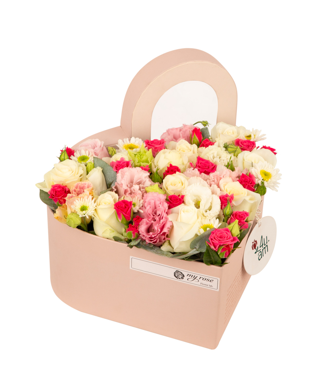 Композиция `Монтрё` с розой, лизиантусом и хризантемой