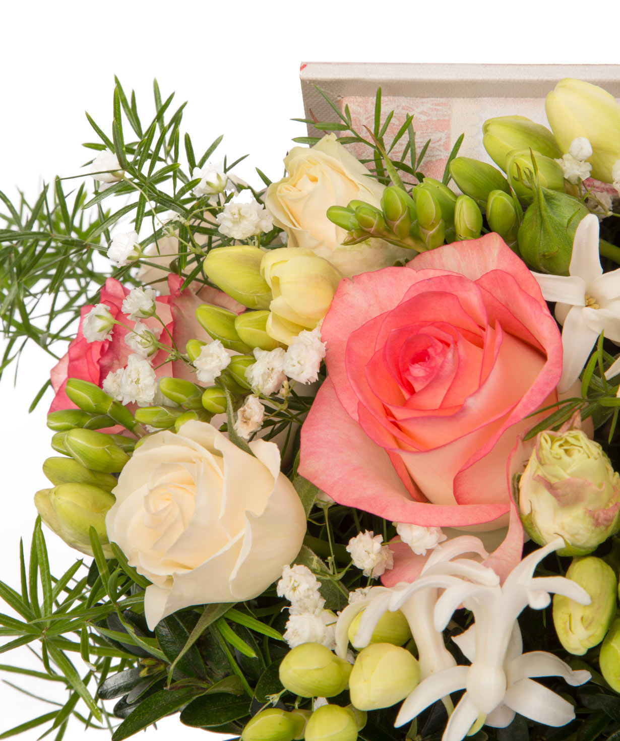Composition `Varena` with roses and freesias